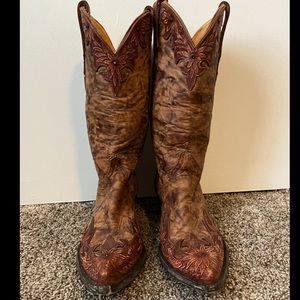 Old Gringo Tan boots with hand-tooled leather flowers and Swarovski crystals
